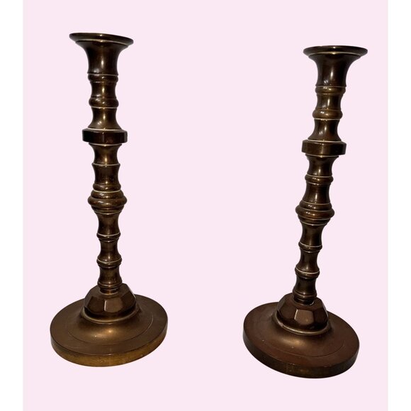 10.5' heavy Antique Brass Candlestick Holders Set Of Two Vintage Decor - Picture 1 of 8